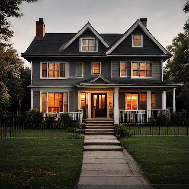 a house with a green front door and a porch with a porch light on