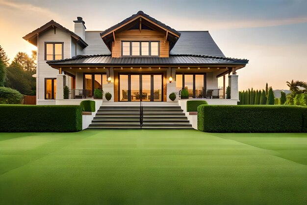 A house with a green lawn and a house with a green lawn and a brick wall.