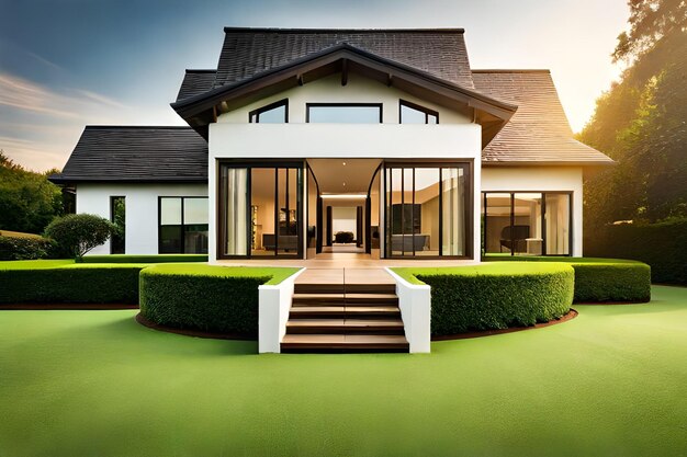 A house with a green lawn and a large window