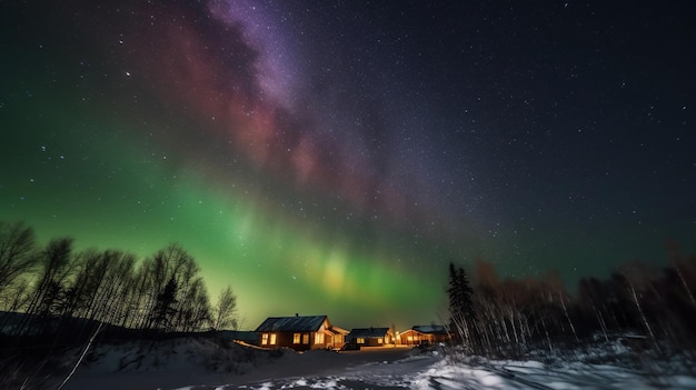 A house with the green and purple aurora lights above it