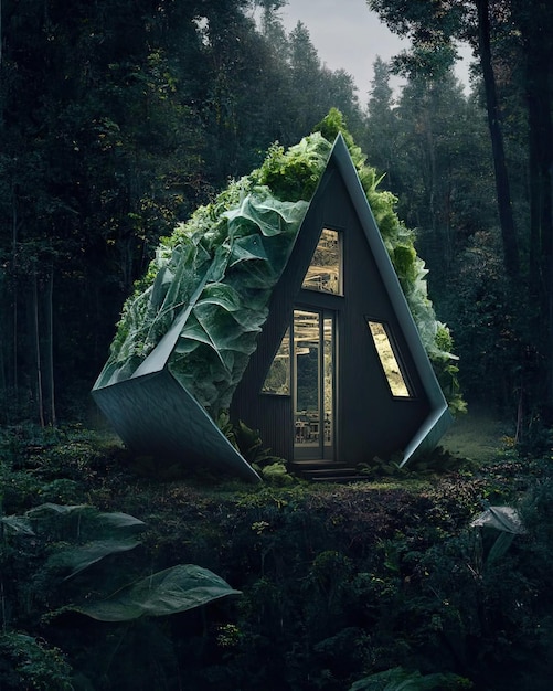 A house with a green roof and a leafy roof