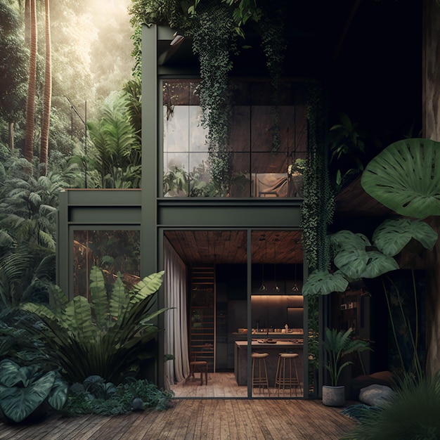 A house with a green roof and plants on the floor