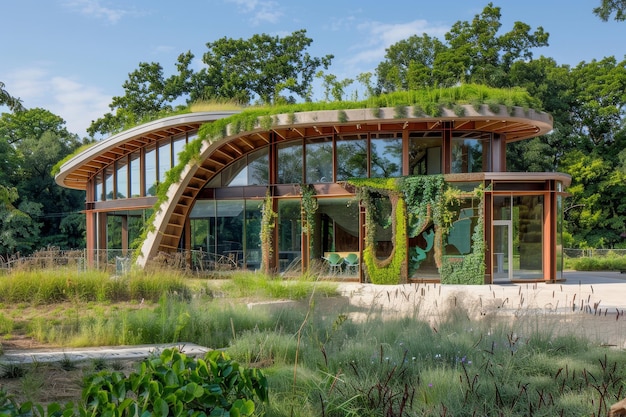 A house with a green roof stands in the middle of a vast field Imagine a zerowaste building that prioritizes recycling and composting in its design