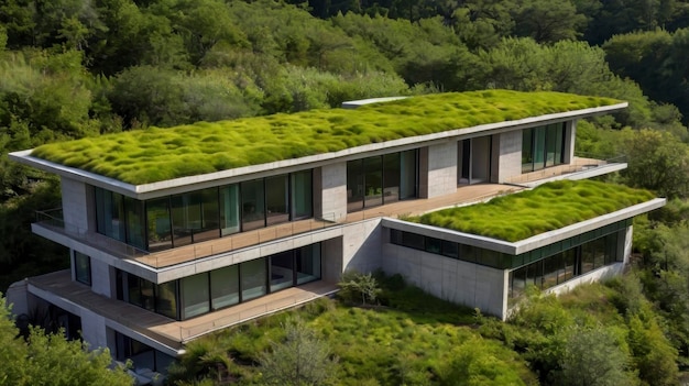 Photo a house with a green roof that has a lot of grass on it