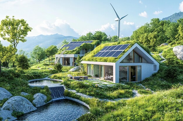 Photo a house with a green roof and a waterfall on the roof