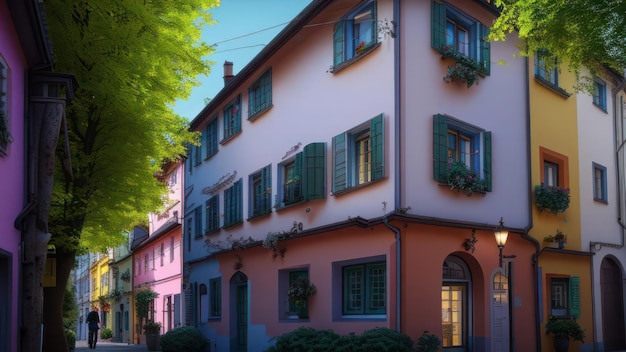 A house with green shutters and a pink building with a blue door.