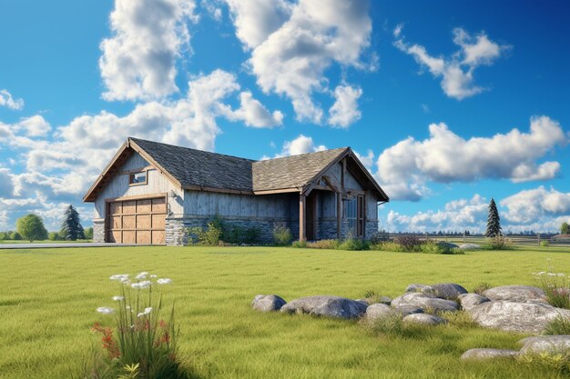 a house with a house on the front and a sky background