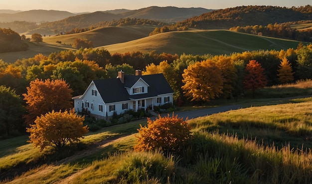 a house with a house on the hill and a view of the hills