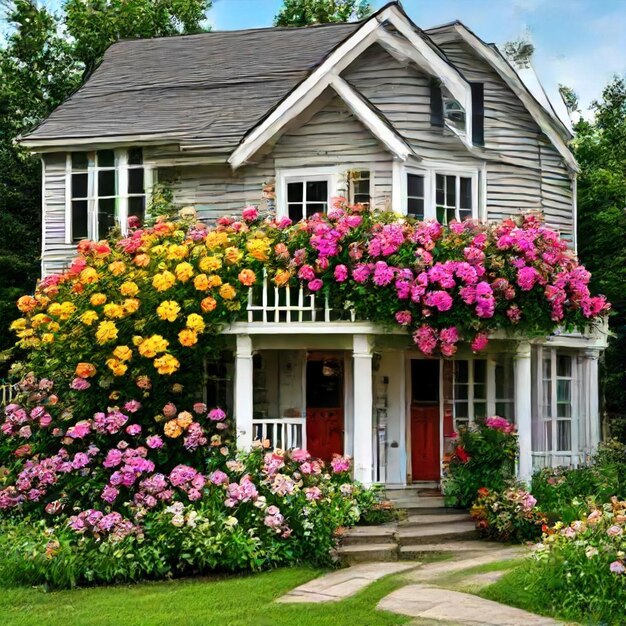 a house with a house with a large flowering bush on the front