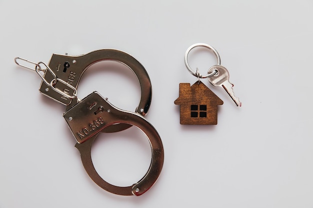 House with key and handcuffs on the table Fraud in real estate concept