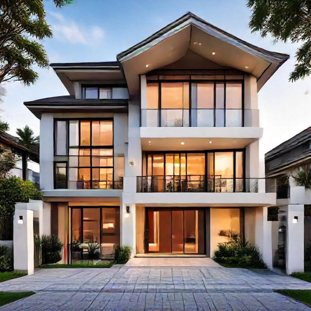 a house with a large front door and a patio with trees in the background