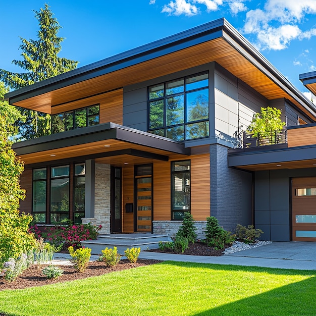 Photo a house with a large front porch and a large tree in the yard