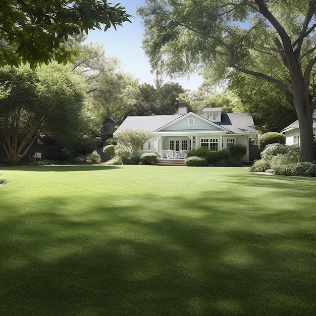 a house with a large front yard and a large tree in the background