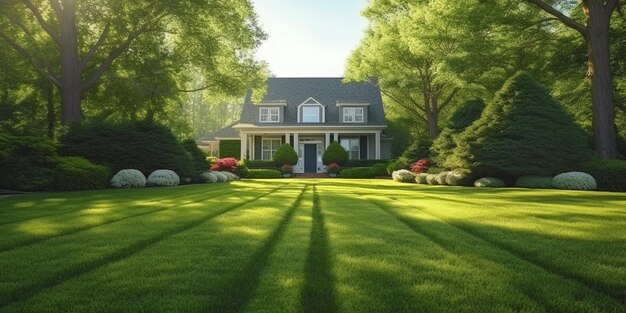 Photo a house with a large front yard and a large yard with trees and a house with a blue roof