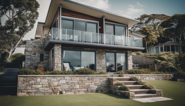 A house with a large front yard and a stone wall with a balcony in the foreground.