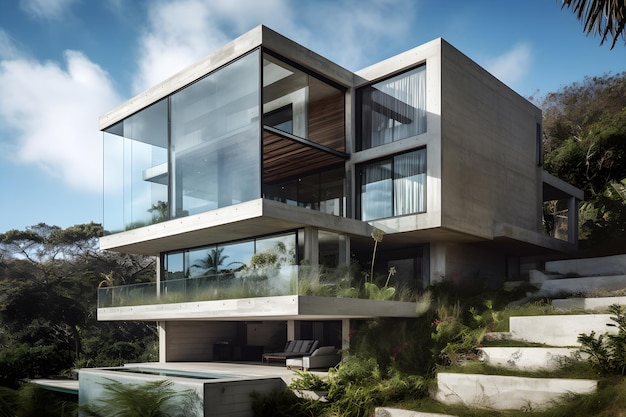 A house with a large glass wall and a balcony with a pool in the background.