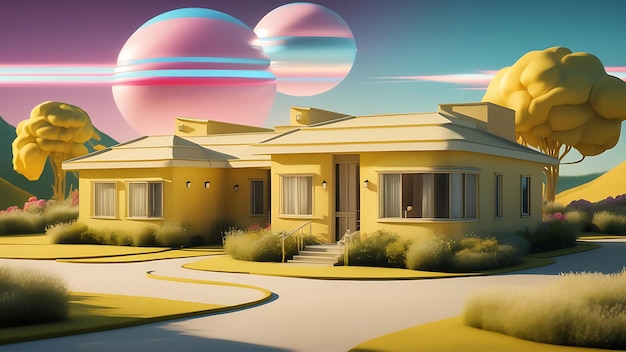 a house with a large pink and blue planet in the sky