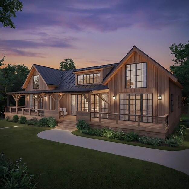 a house with a large porch and a driveway leading to it