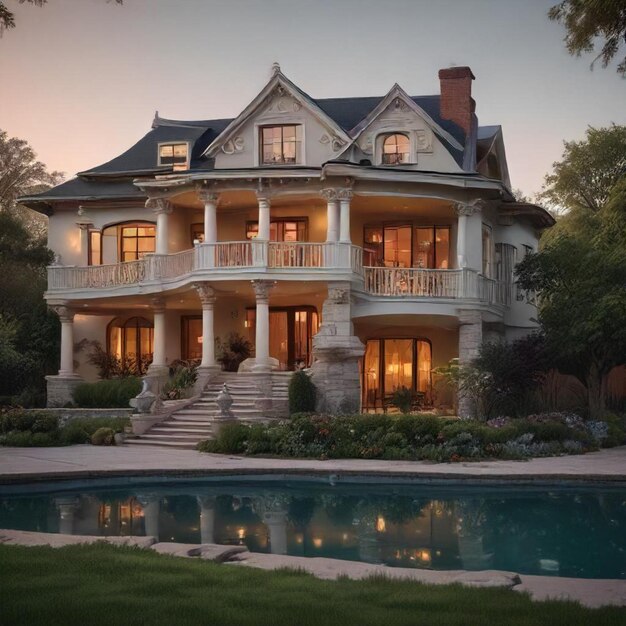 a house with a large porch and a pool in the background