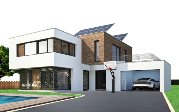 a house with a large roof and a balcony with a tree in the middle