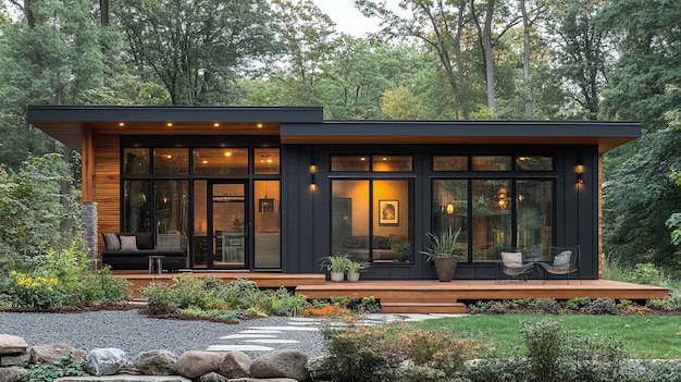 a house with a large window and a garden with a bench and a picture of a garden