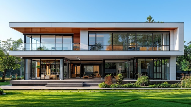 a house with a large window and a garden with trees in the background