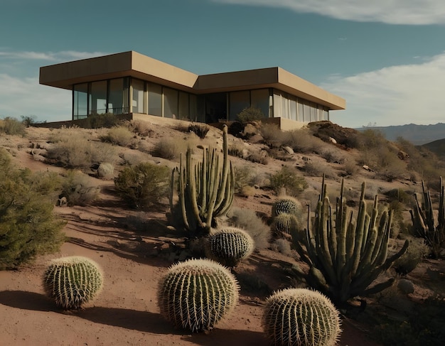 a house with a large window that is on a hill