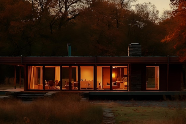 A house with a large window that says'the house is lit up at night '