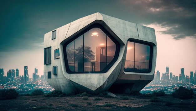 A house with a large window that says'the house is made of concrete '