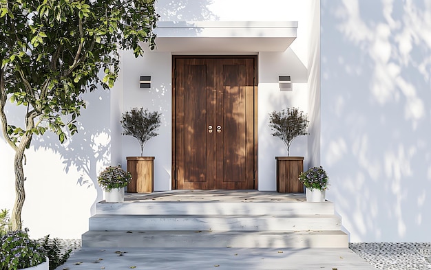 a house with a large wooden door and a tree with a potted plant on it