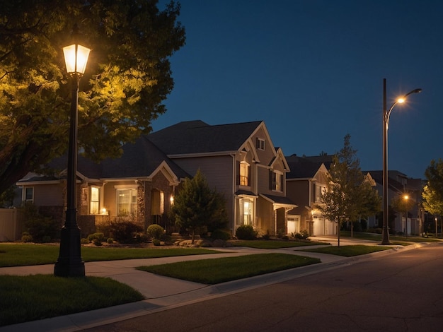 a house with a light on in the middle of it