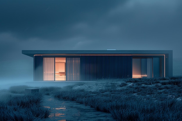 a house with a light on the windows is lit up at night