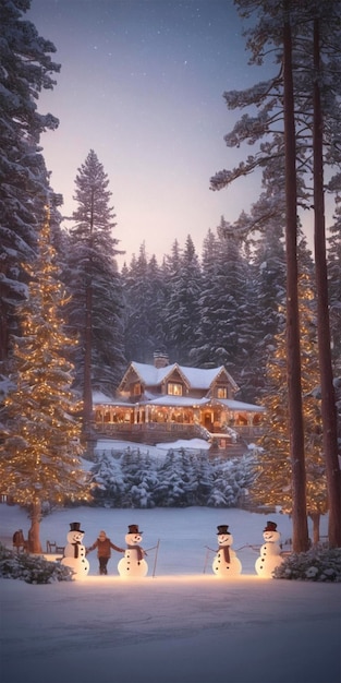 Photo a house with lights on the front and a snow covered tree in the background