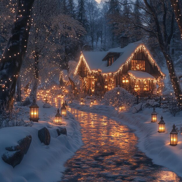 Photo a house with lights on it and a stream in the snow