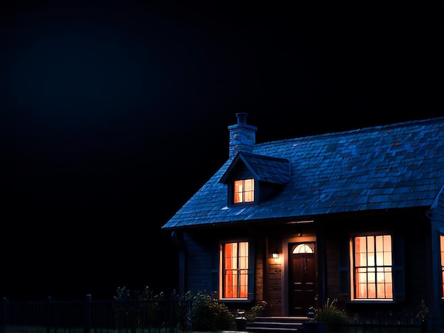 A house with a lit up window and a dark background