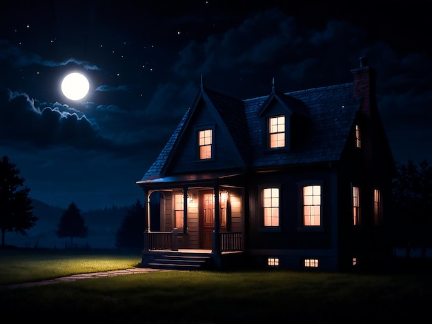 A house with a lit up window and a dark background