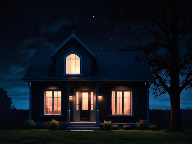 Photo a house with a lit up window and a dark background