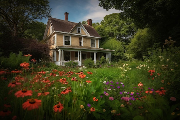 A house with a lot of flowers in front of it