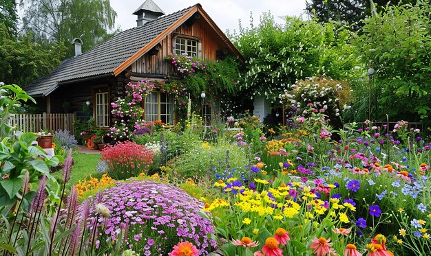 a house with a lot of flowers and a house in the background