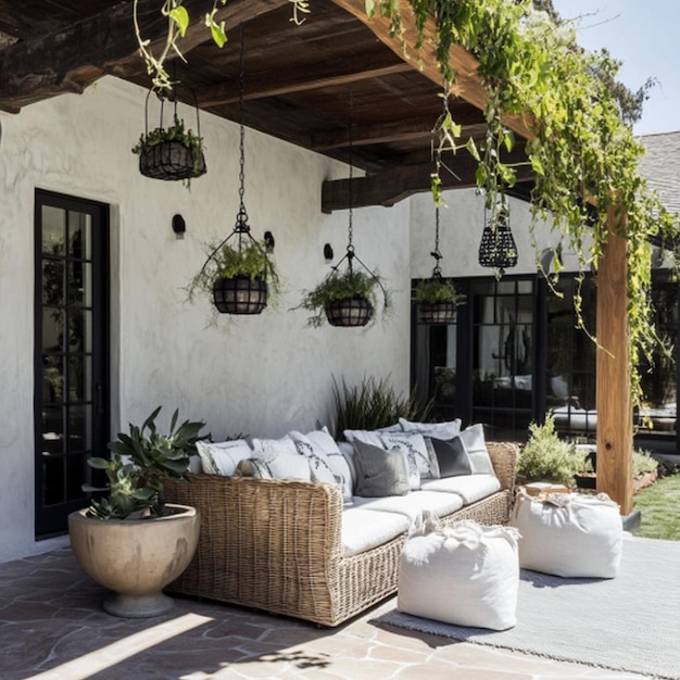 a house with a lot of plants hanging from the ceiling