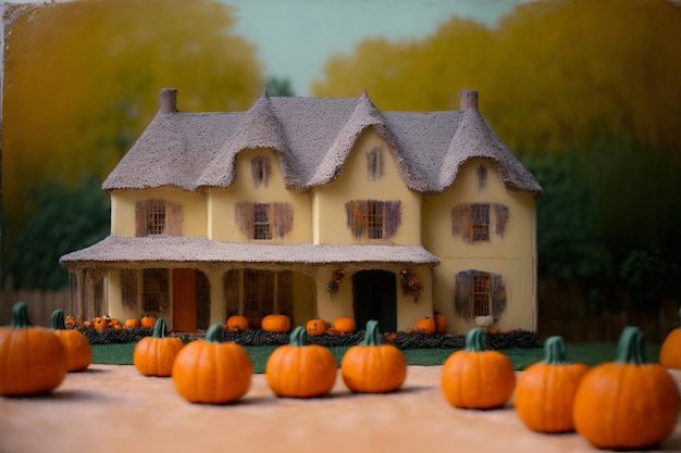 A House With A Lot Of Pumpkins In Front Of It