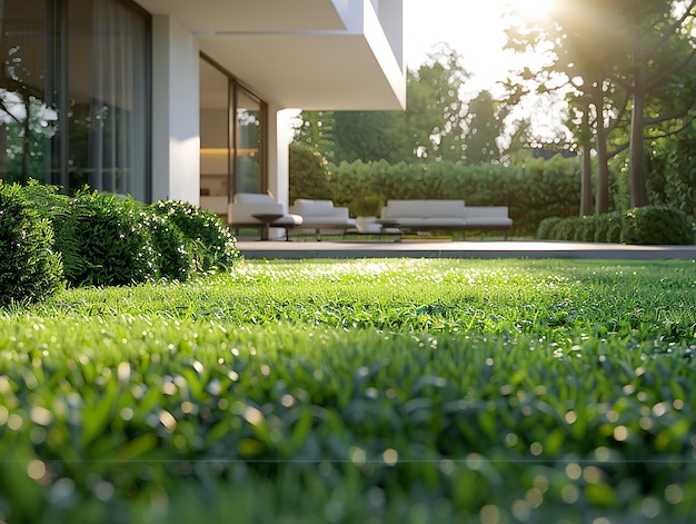 Photo a house with a lot of windows and a lawn with a lawn with a bench in the foreground