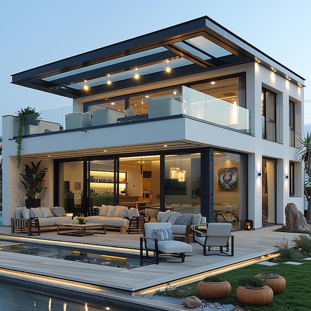 a house with a lot of windows and a patio with a view of the ocean