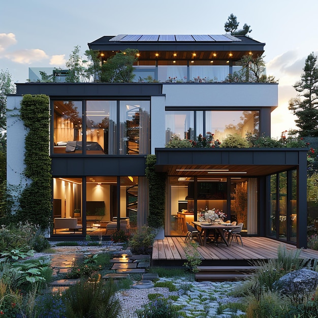 a house with a lot of windows and a patio with a view of the woods