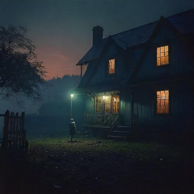 a house with a man standing in front of it that is lit up