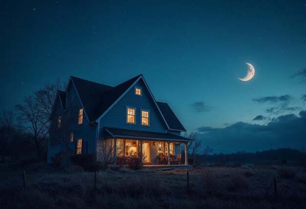 Photo a house with a moon in the sky