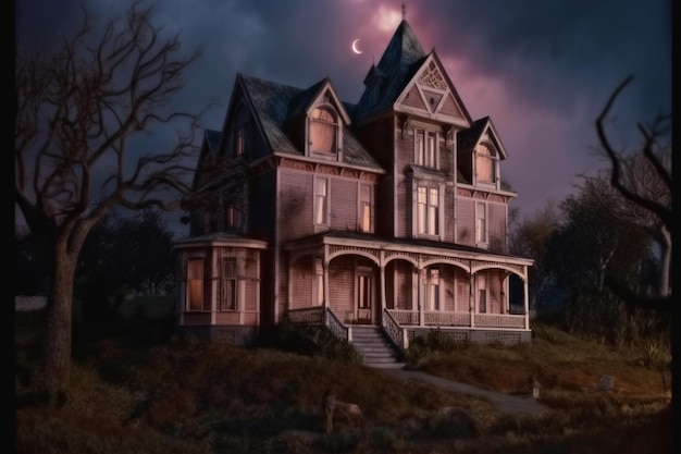 A house with a moon in the sky