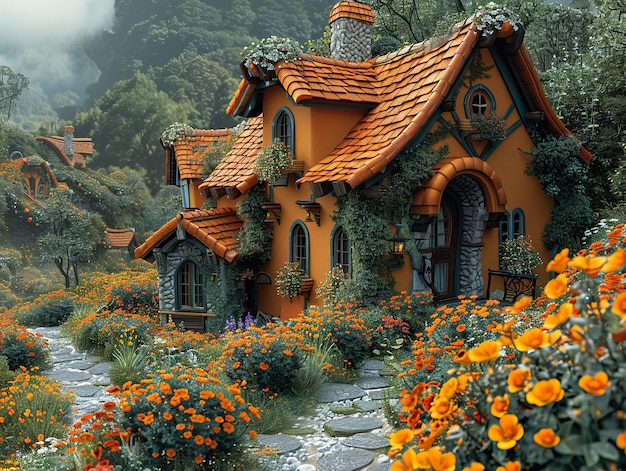 a house with orange flowers and a house with a roof that says  garden