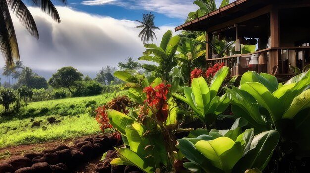 a house with a palm tree in the background and a house in the background