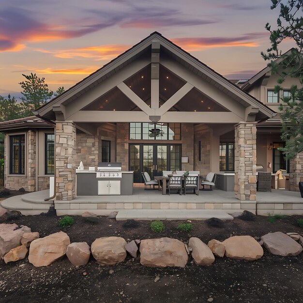 Photo a house with a patio and a fire place with a table and chairs